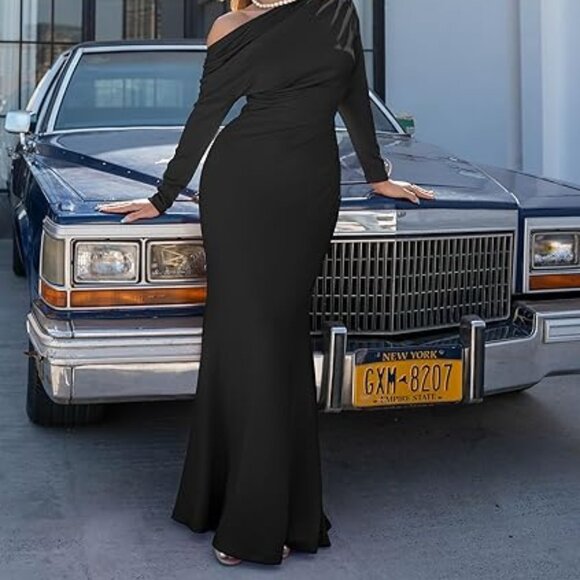 Women's Sexy Black Elegant Long Sleeve Off Shoulder Bodycon Formal Dress Sz L - Picture 4 of 8